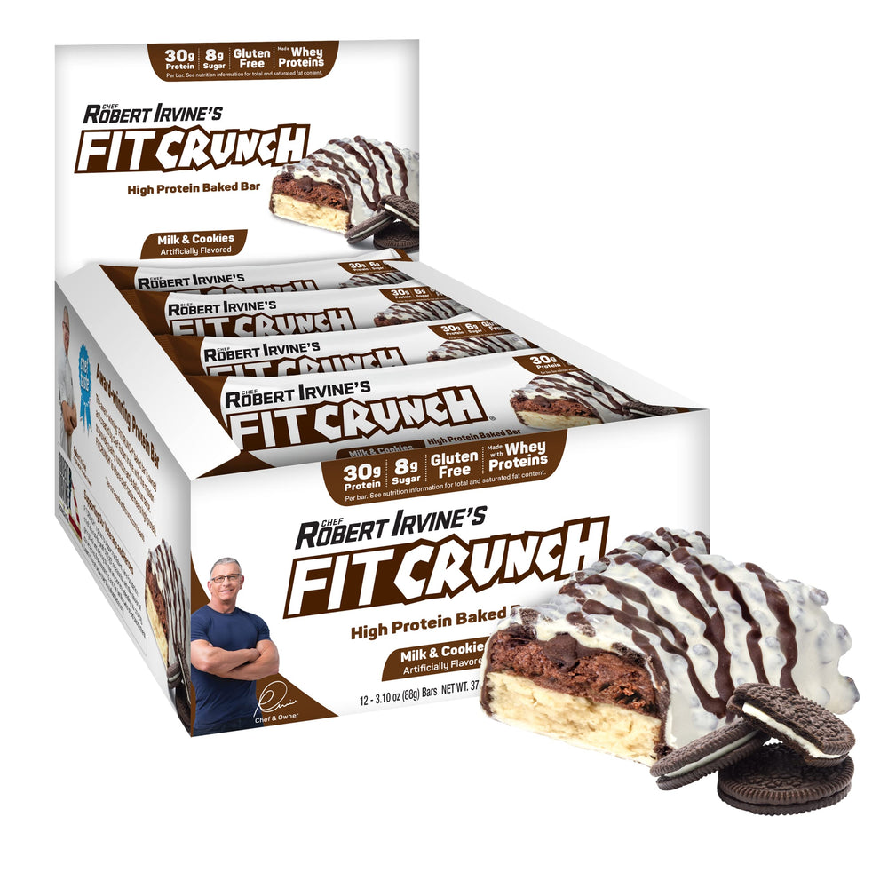 FITCRUNCH Milk and Cookies full-size bar shows six-layer baked texture for a protein snack