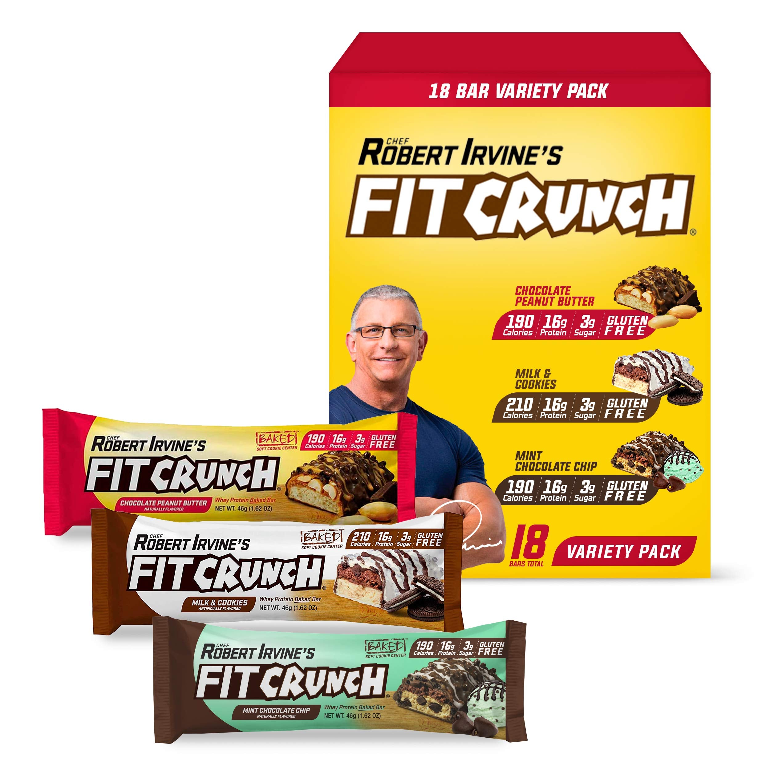 Fit Crunch snack size variety pack on display for quick, gluten-free snacking.