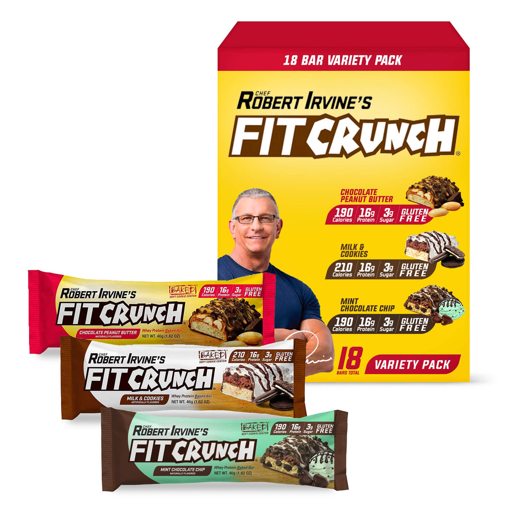 Fit Crunch snack size variety pack on display for quick, gluten-free snacking.