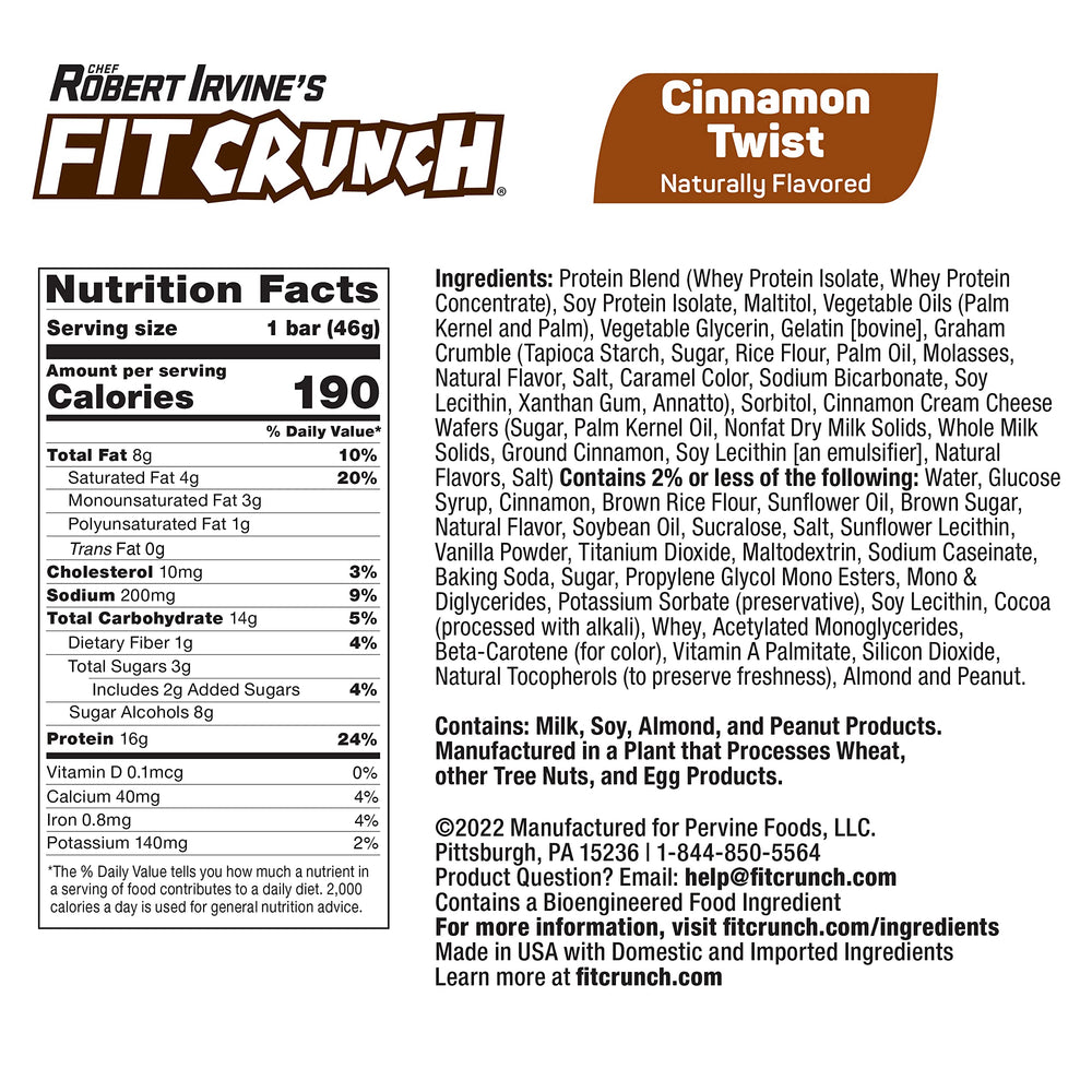 FitCRUNCH Cinnamon Twist six-layer baked bar shot highlights crunchy protein crisps and indulgent flavor.