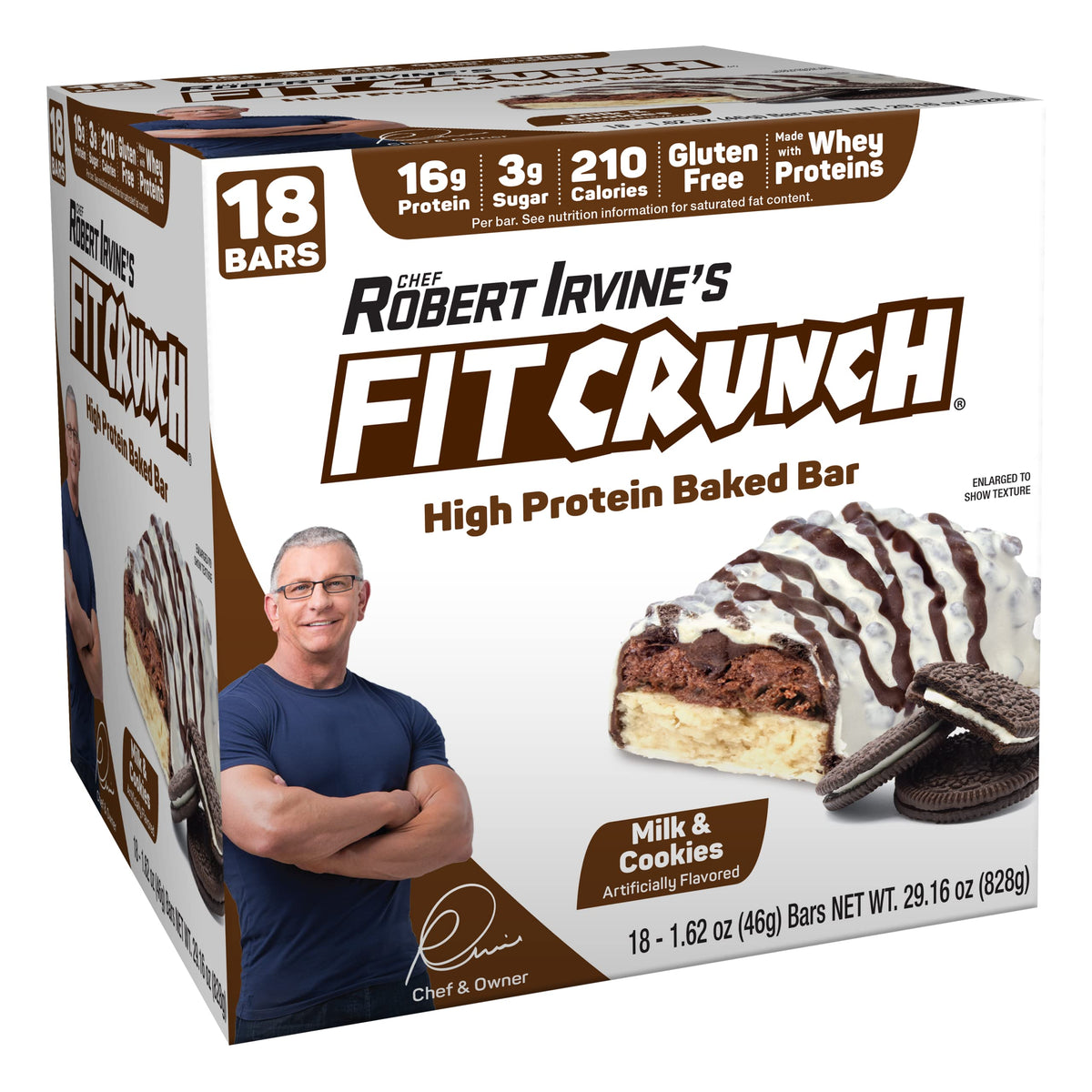 FITCRUNCH Snack Size Bar Milk and Cookies front view, protein-rich snack for athletes