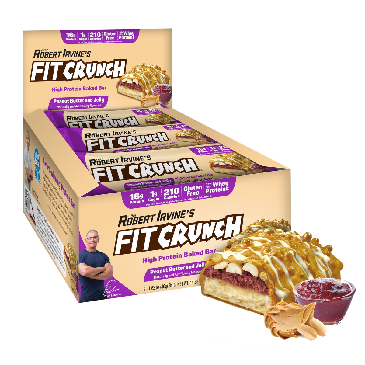 FitCrunch snack-size bar and peanut butter jelly pack showcases 9 bars for convenient protein on the go.
