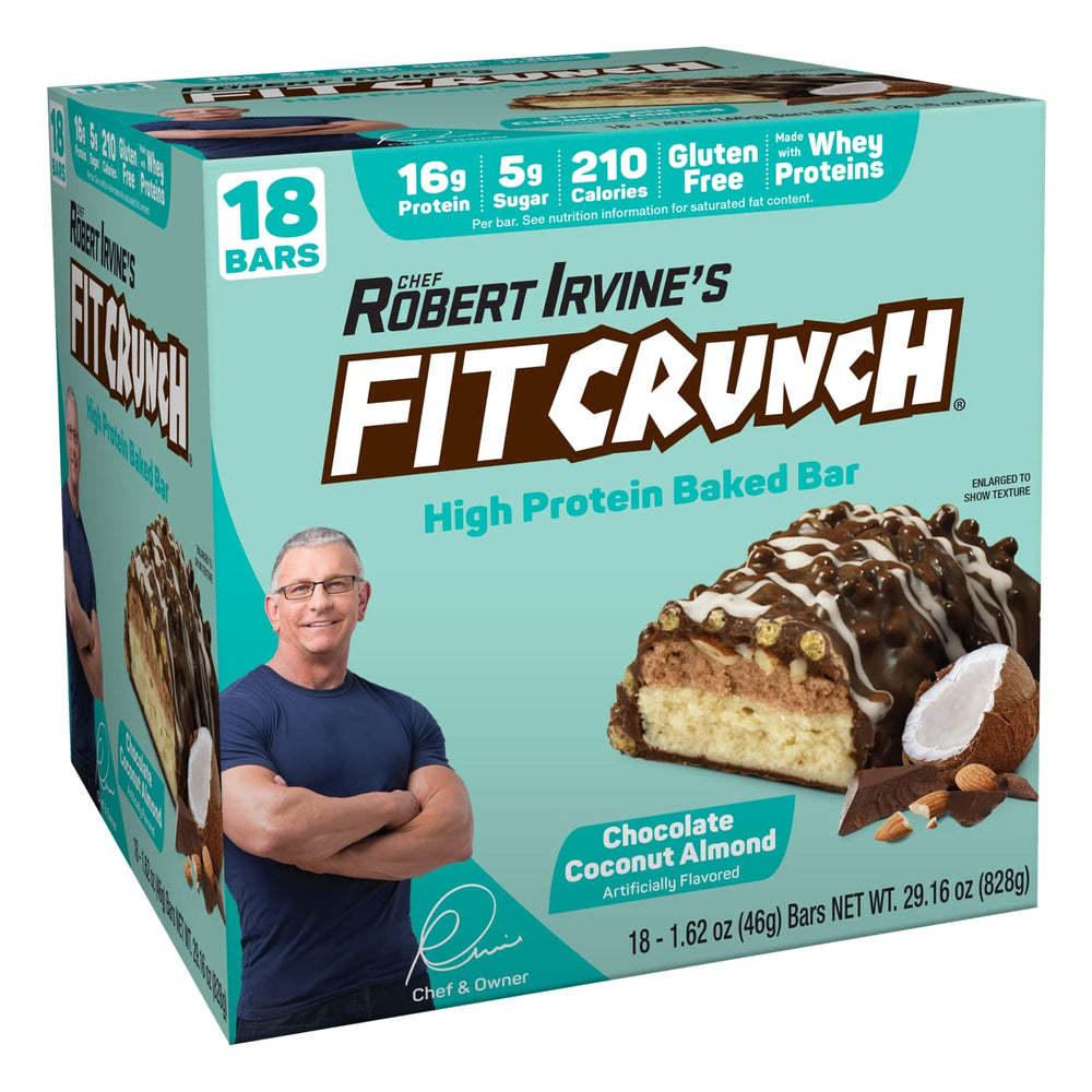 FITCRUNCH Snack Size Bar unwrapped with chocolate coconut almond flavor and protein.