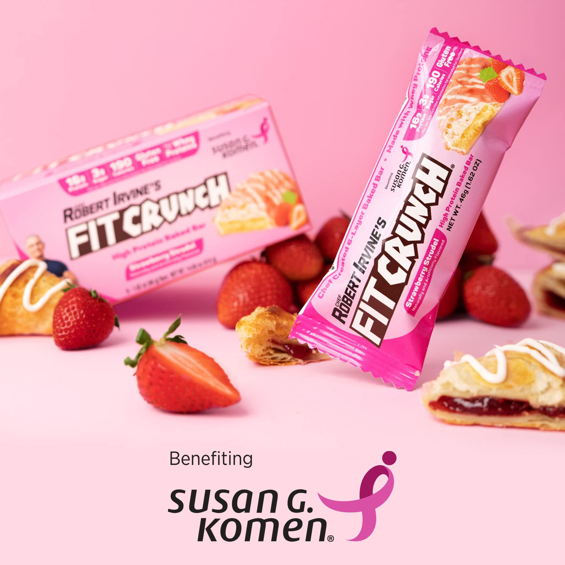 Cross-section reveals six-layer baked bar with strawberry flavor.