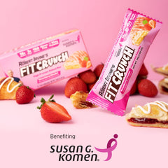 Cross-section reveals six-layer baked bar with strawberry flavor.