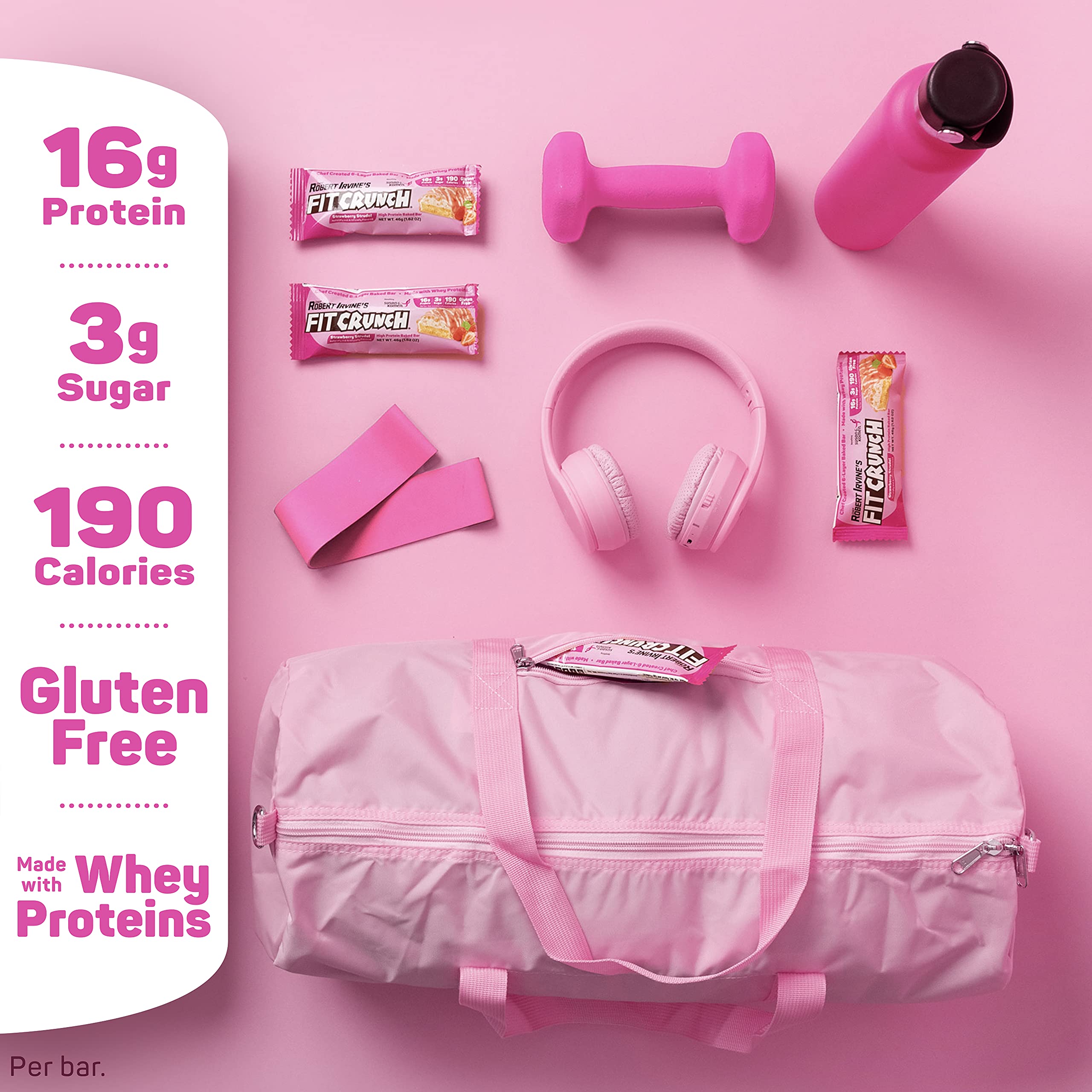 Nutrition label highlights 16g protein and 3g sugar per bar.