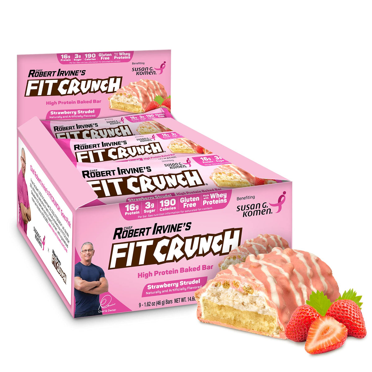 Fit Crunch Strawberry Strudel snack bars pack shot for quick, protein-rich snack on the go.