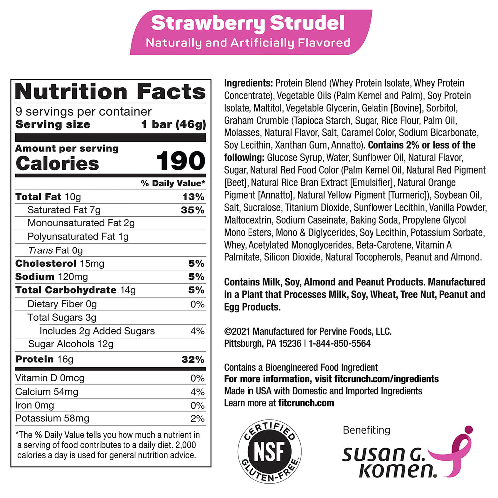 Fit Crunch Strawberry Strudel bar unwrapped front view highlighting soft cake core.