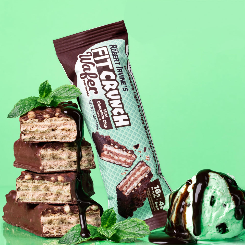 Cross-section of mint chocolate chip wafer bar with layers