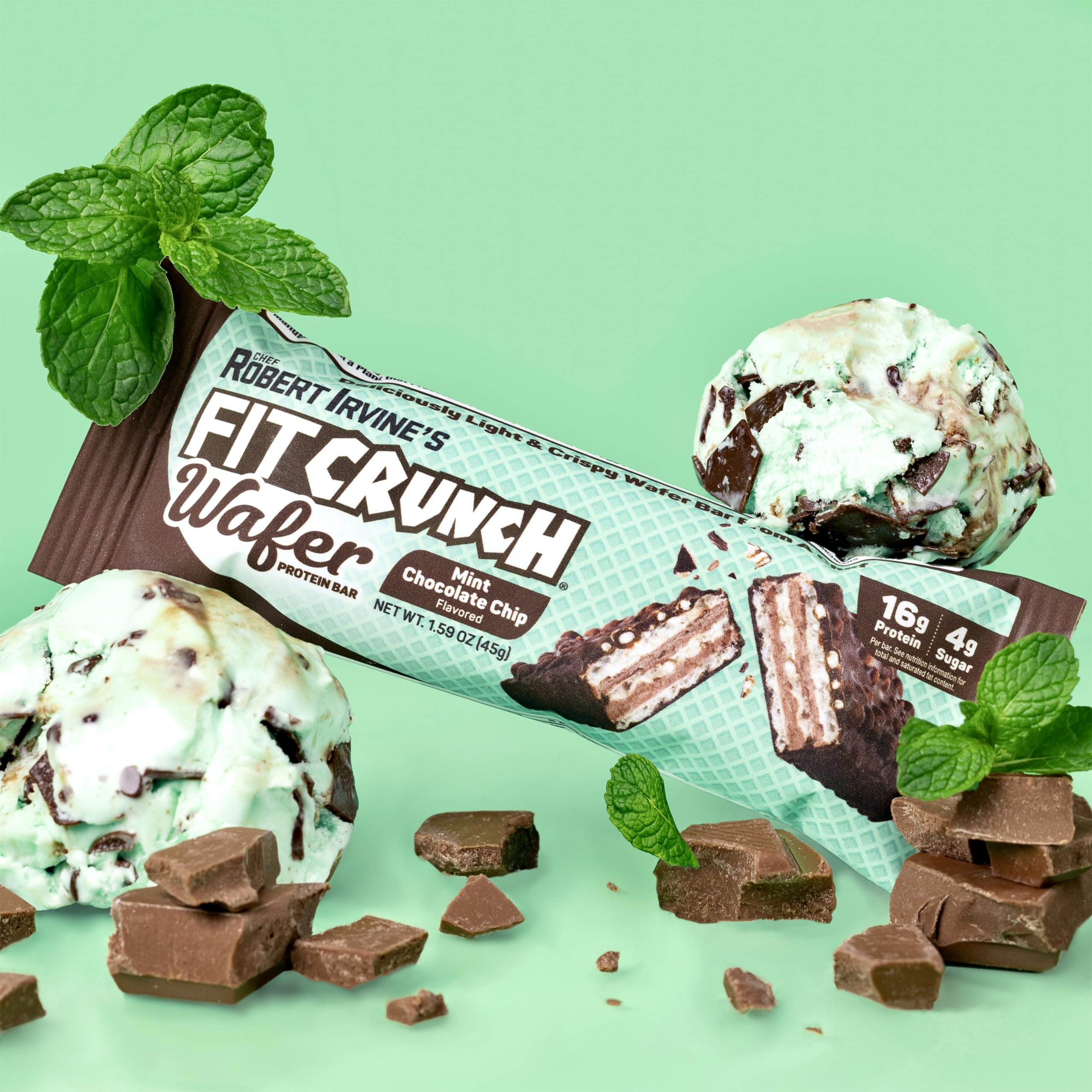 Unwrapped mint chocolate chip wafer bar ready for tasting