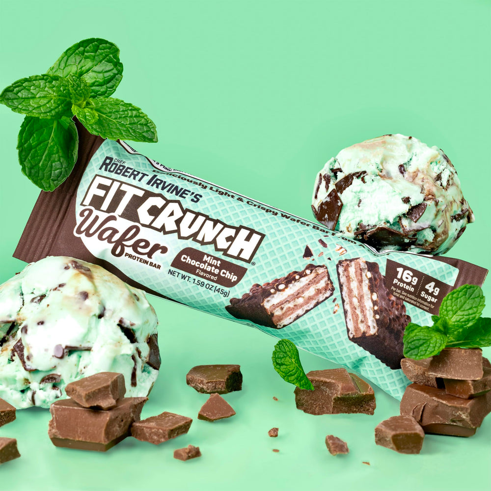 Unwrapped mint chocolate chip wafer bar ready for tasting