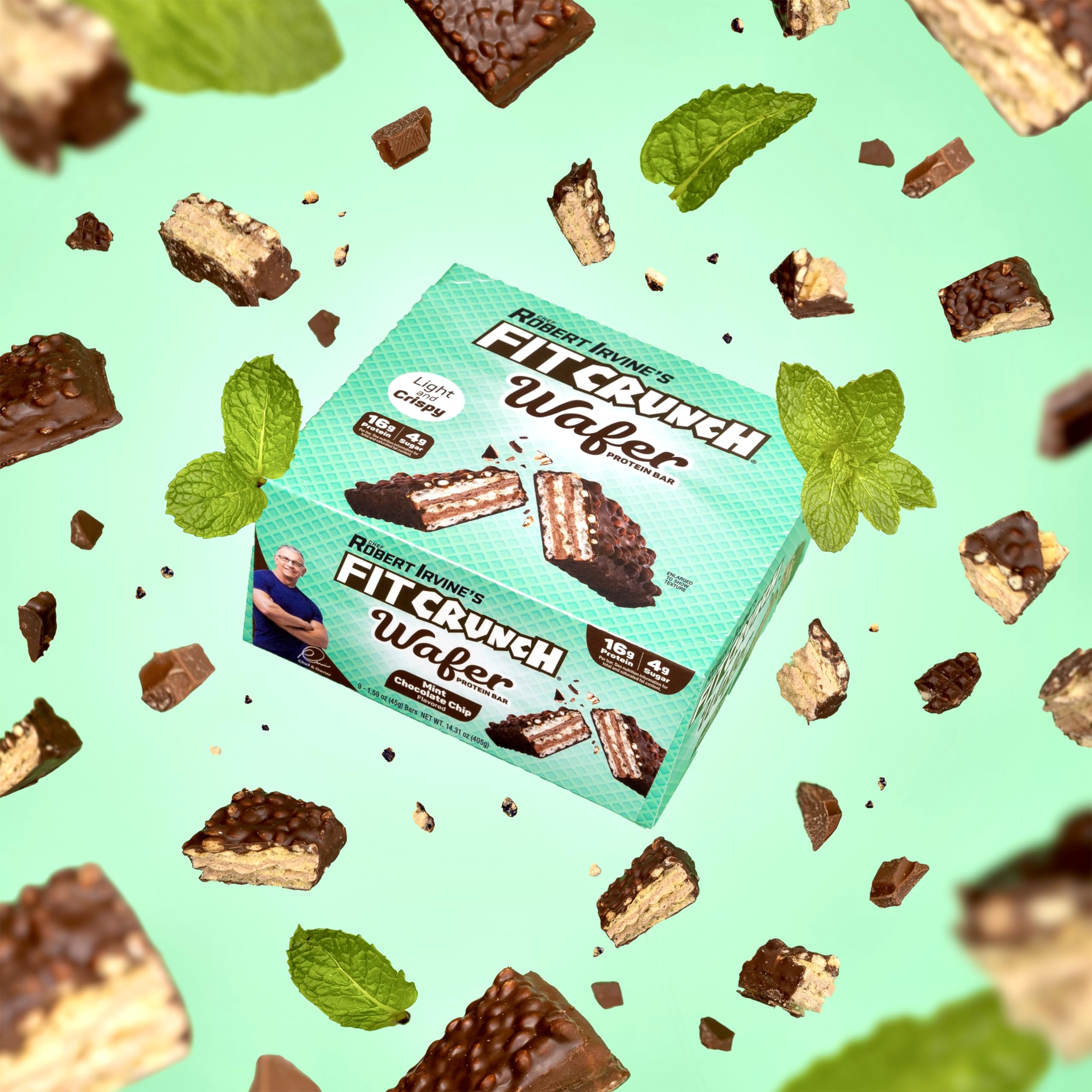 Nutrition panel highlights 16g protein and 4g sugar per bar
