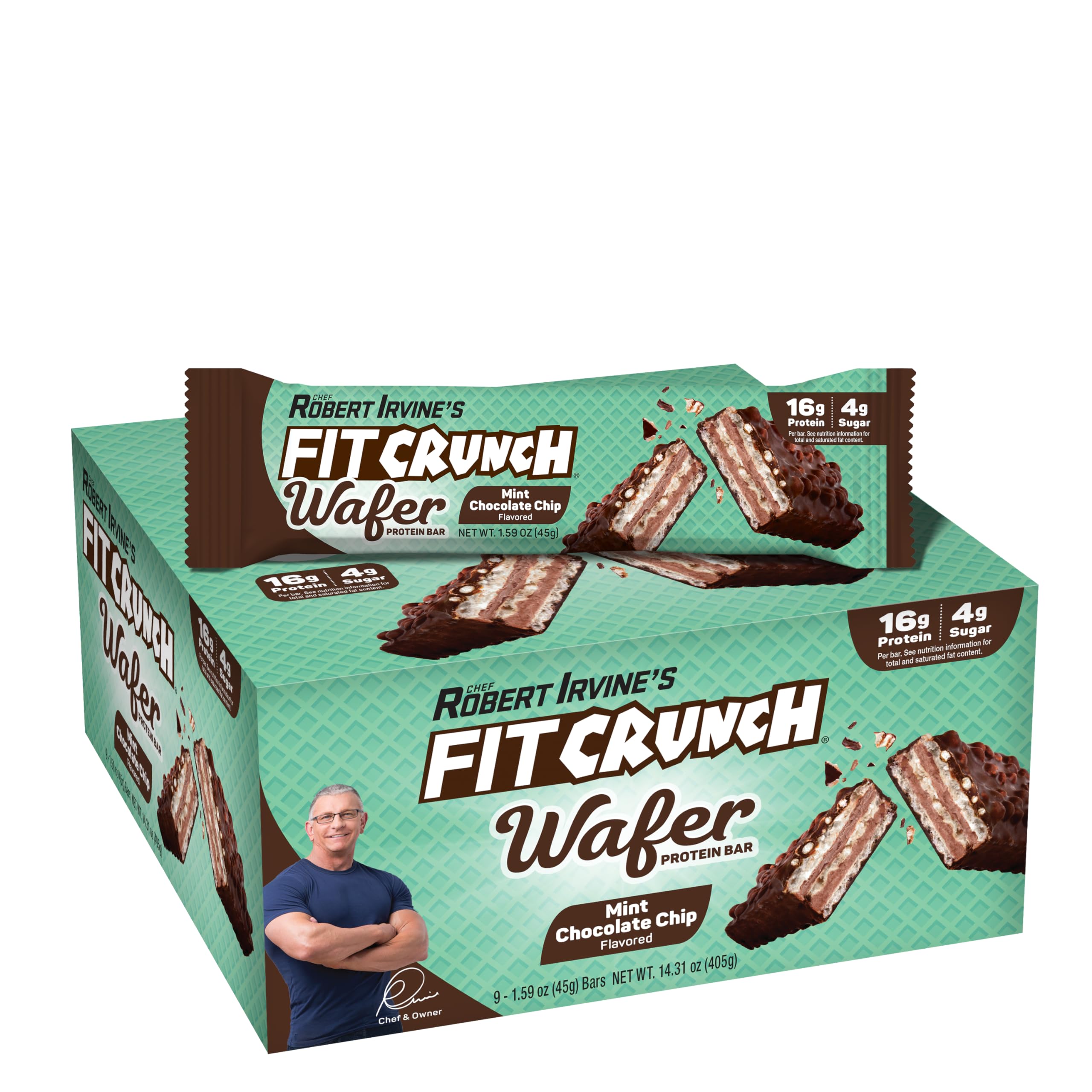 FitCrunch mint chocolate chip wafer bar pack displayed for easy snacking
