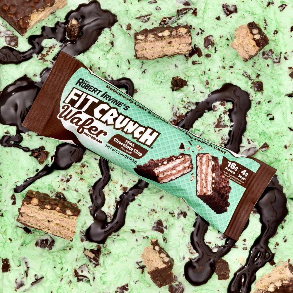 Shelf display of FitCrunch mint chocolate chip wafers for shoppers