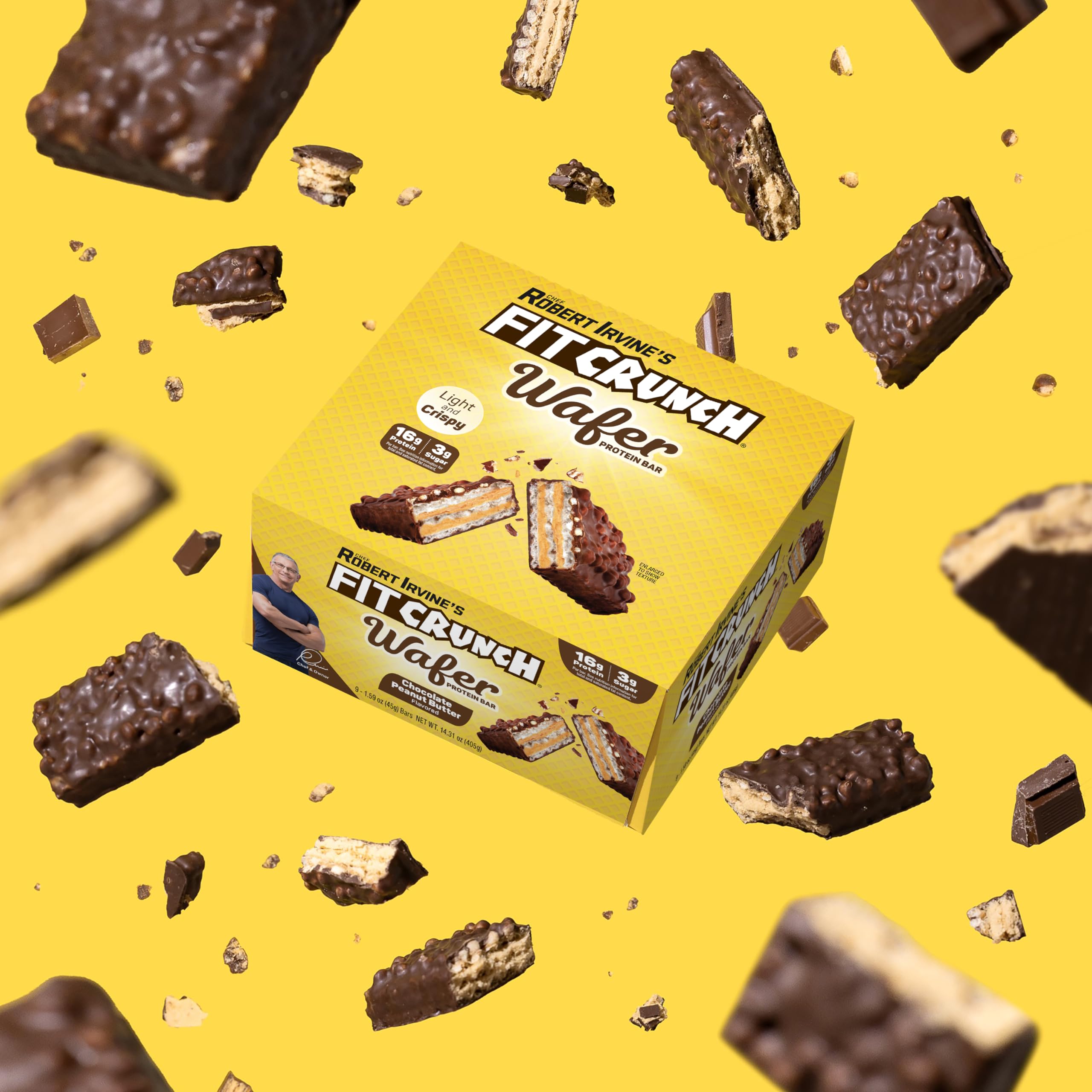 FitCrunch wafer protein bar multi-pack display featuring nine bars.