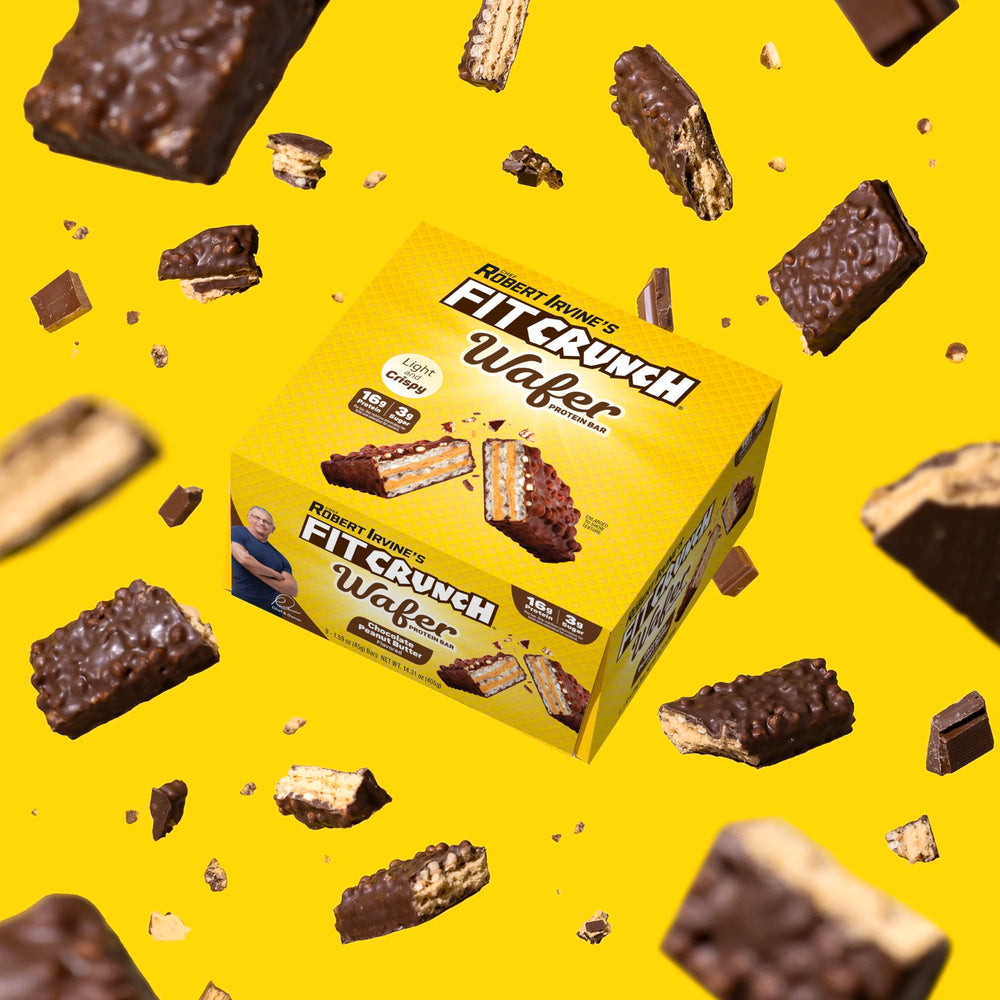 FitCrunch wafer protein bar multi-pack display featuring nine bars.