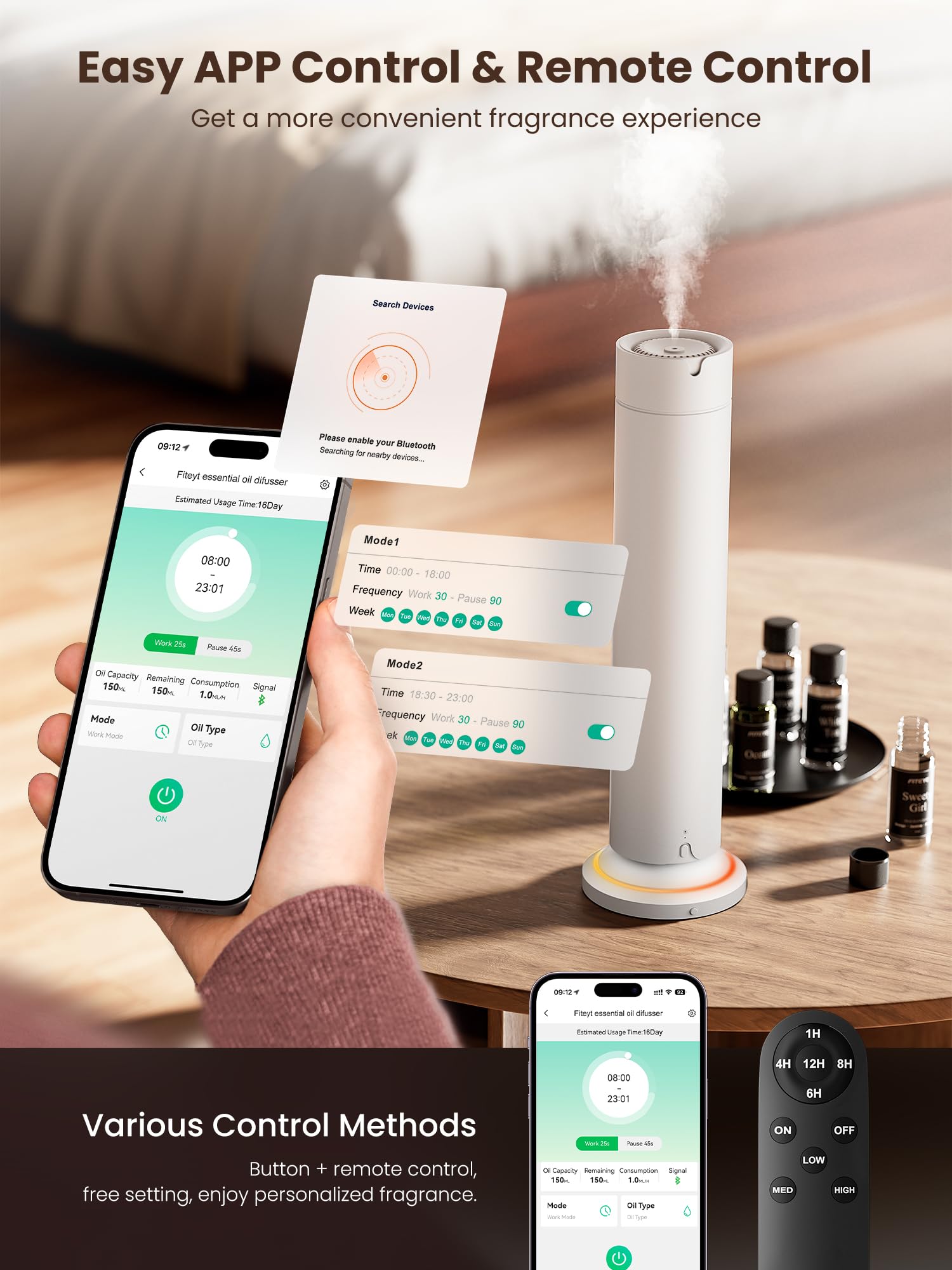 Fiteye app and remote control for easy scent scheduling.