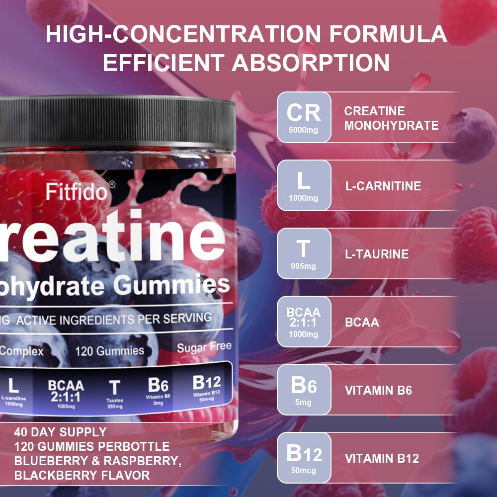 Fitfido Creatine Monohydrate Gummies on surface indicating a 40-day supply
