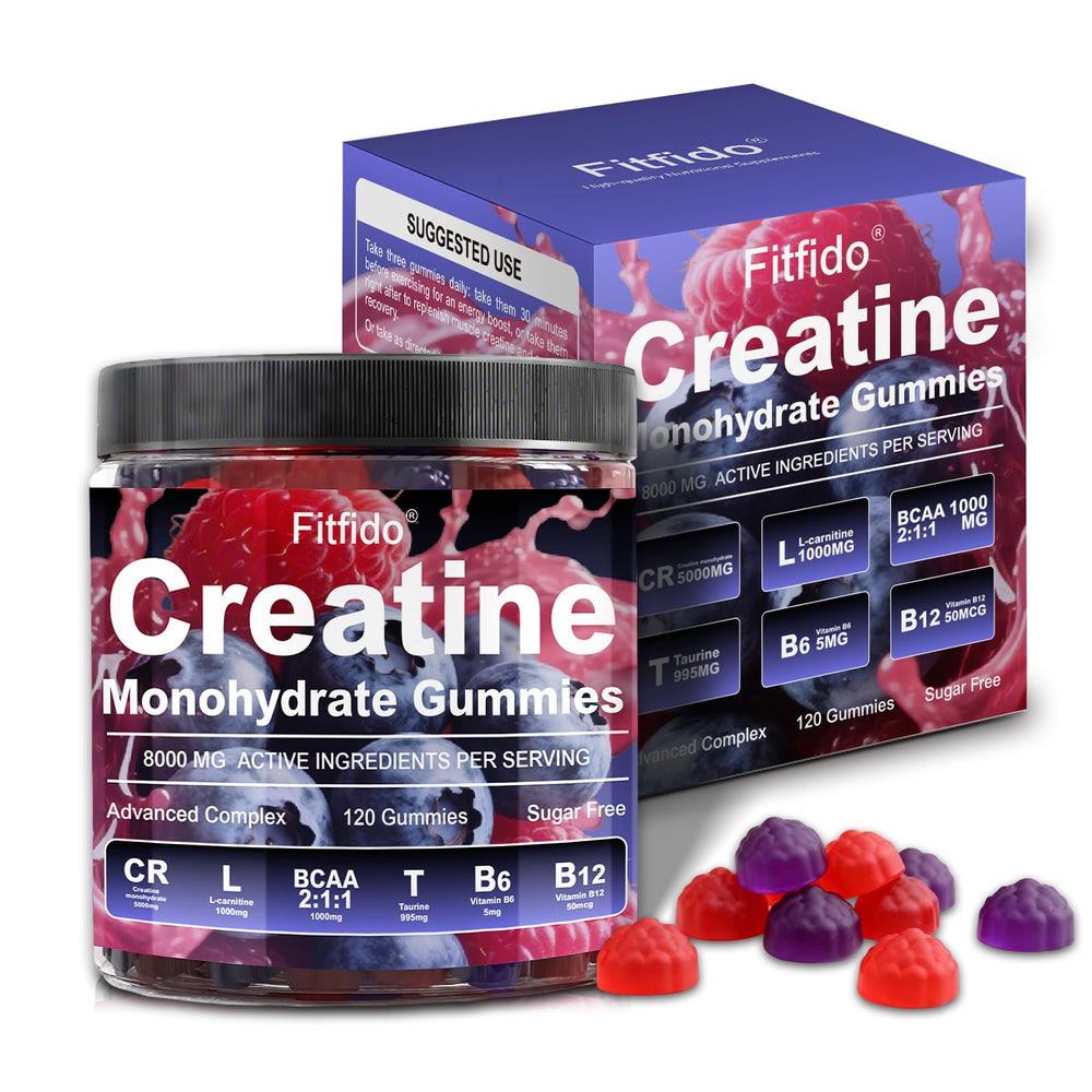 Fitfido Creatine Monohydrate Gummies Raspberry bottle displays vegan sugar-free fitness support