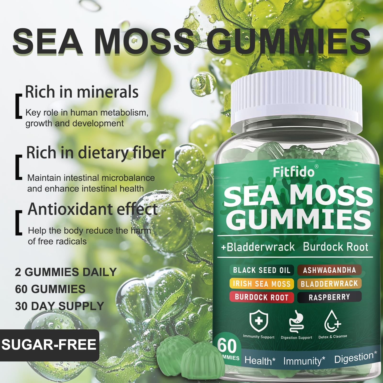 Ingredient scene for Fitfido gummies featuring bladderwrack and burdock