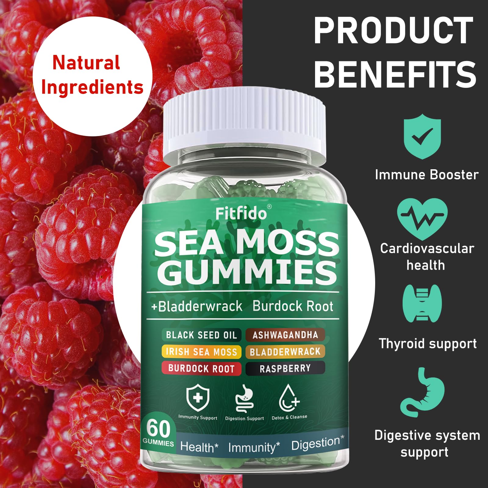 Label detail on Fitfido Irish Sea Moss Gummies emphasizing 60-count vegan formula