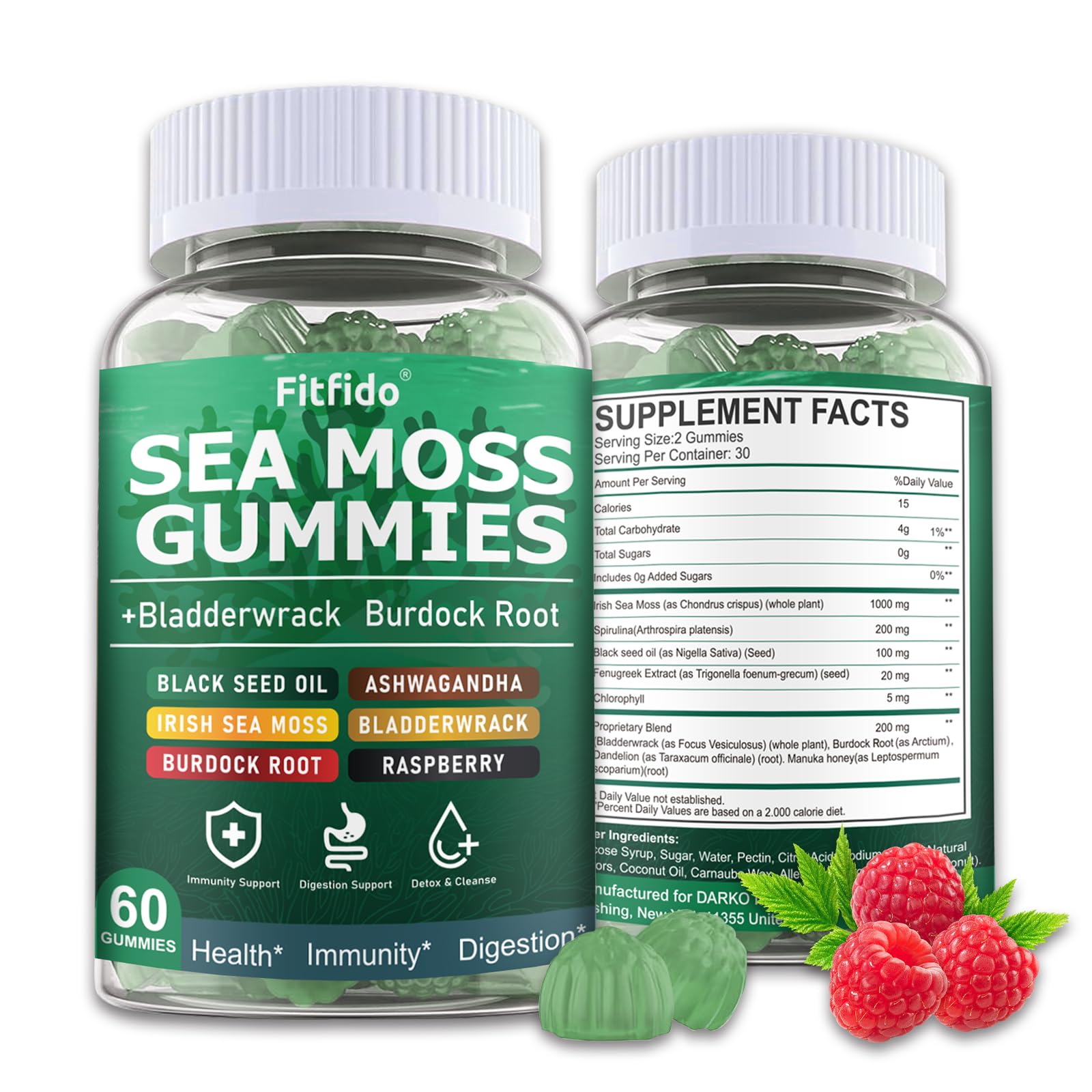Fitfido Irish Sea Moss Gummies Raspberry bottle highlights immune-supporting, sugar-free wellness