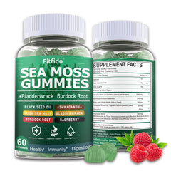 Fitfido Irish Sea Moss Gummies Raspberry bottle highlights immune-supporting, sugar-free wellness
