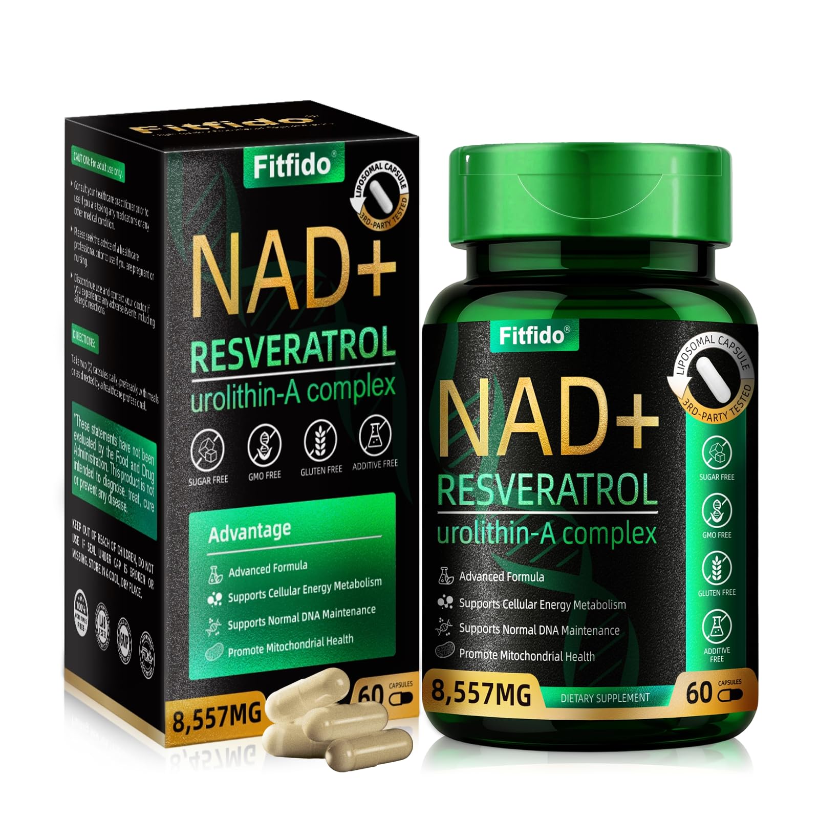 Fitfido Liposomal NAD+ Resveratrol Complex bottle closeup for daily wellness support