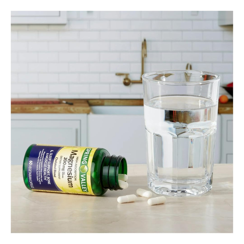 Close-up of FitMania Spring Valley magnesium capsules, 200 mg each.
