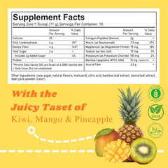 FitNeaty probiotic-collagen-electrolytes blend in glass with tropical aroma.