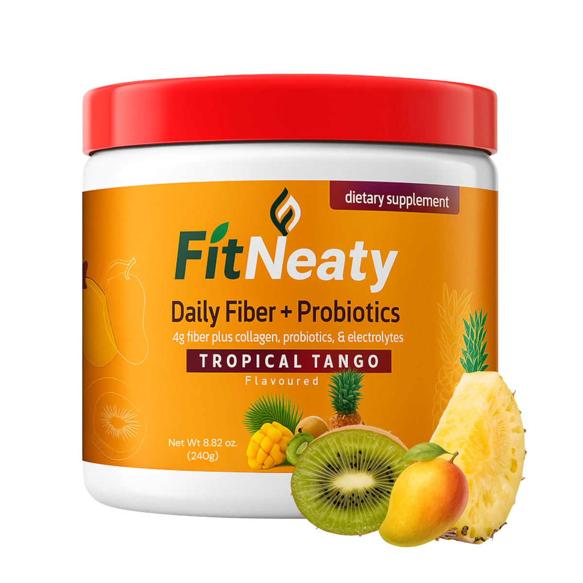 FitNeaty Tropical Tango powder in tub ready to mix for a refreshing digestive boost.