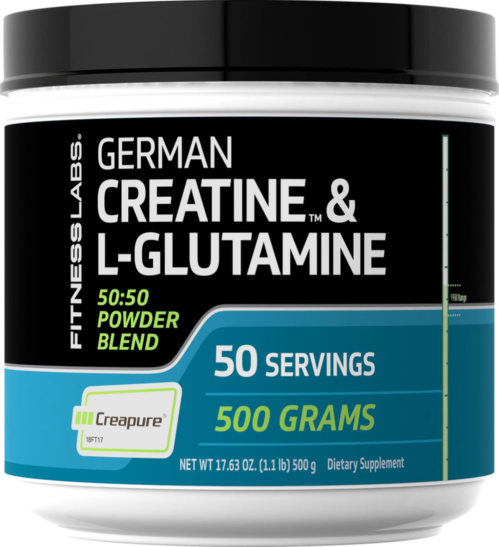 Fitness Labs German Creatine and L-Glutamine bottle supports intense training.