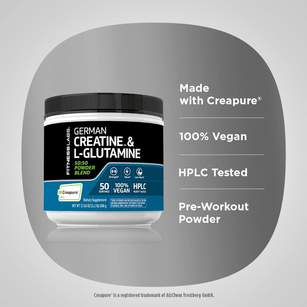 Fitness Labs creatine L-glutamine label shows Creapure and vegan formula.