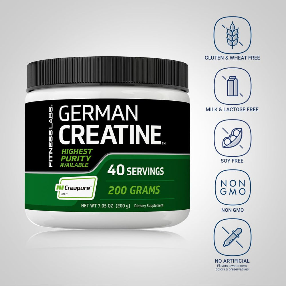 Fitness Labs Creatine Powder label closeup emphasizing purity and ingredients.