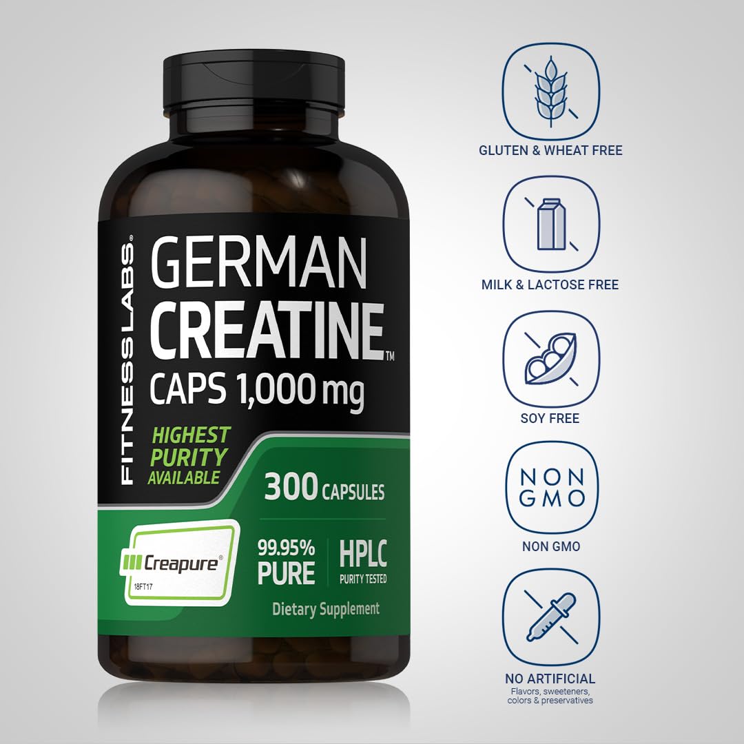 Fitness Labs German Creatine Monohydrate label close-up emphasizing purity and safety
