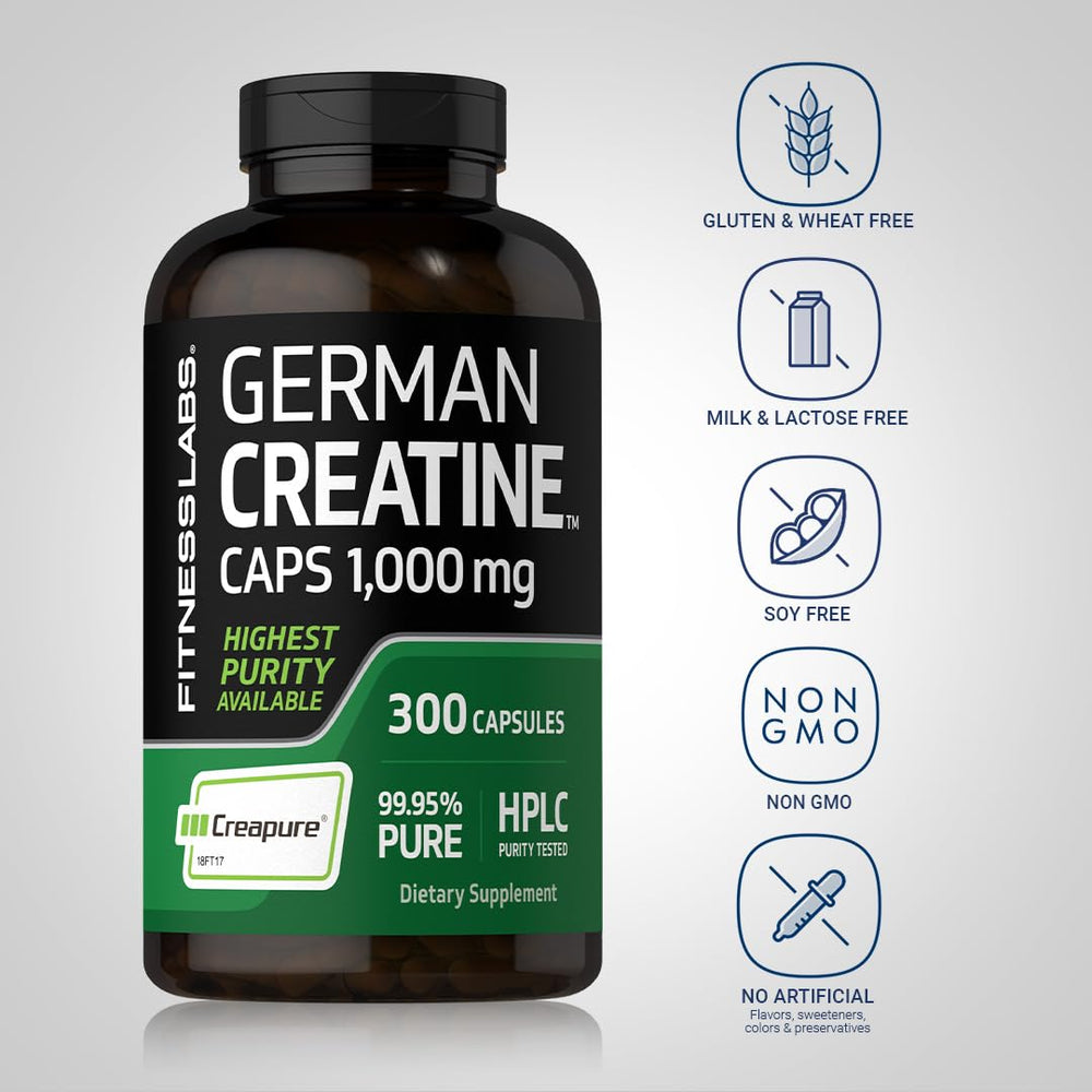 Fitness Labs German Creatine Monohydrate label close-up emphasizing purity and safety