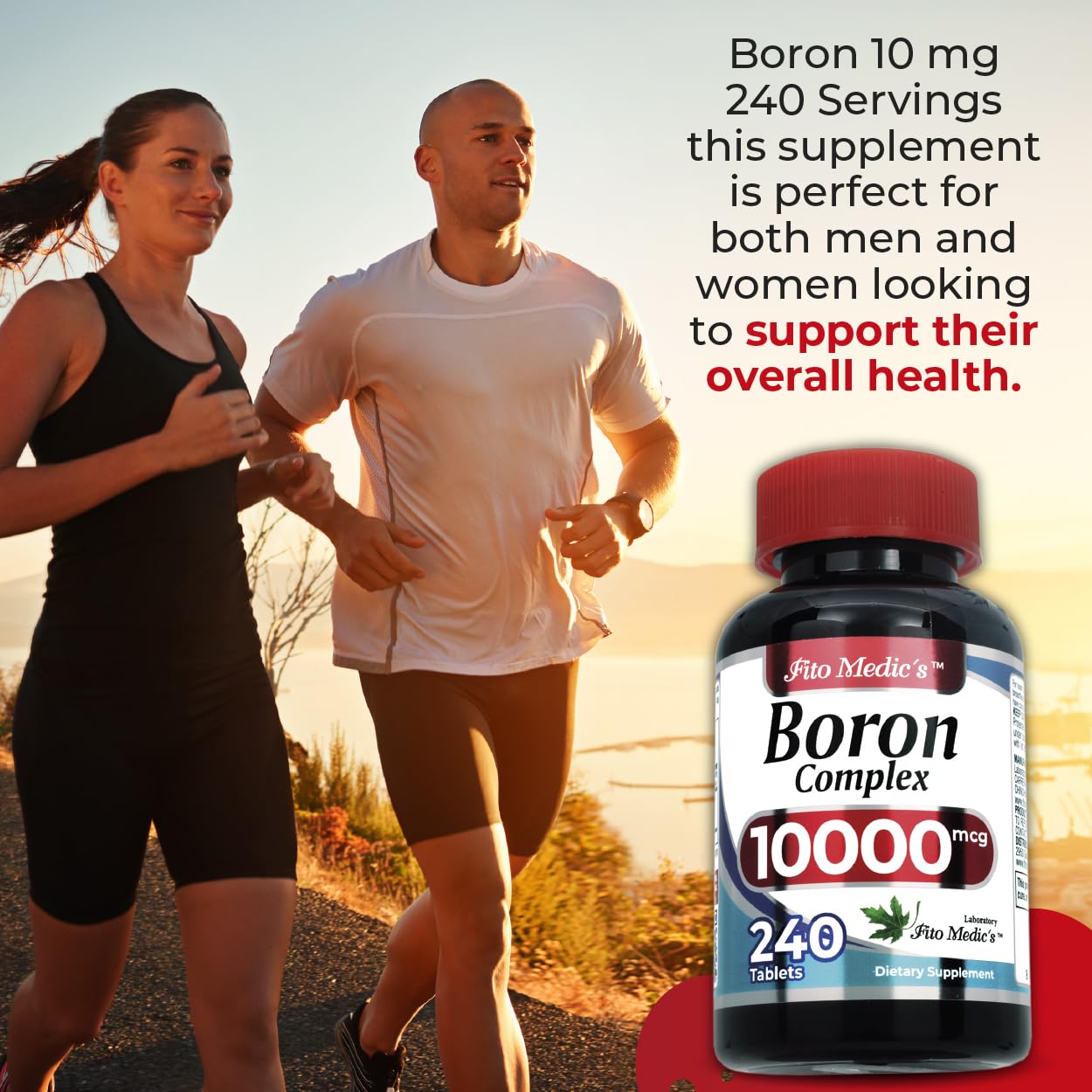 Fito Medic's Lab Boron bottle front shows dosage details for 240 servings