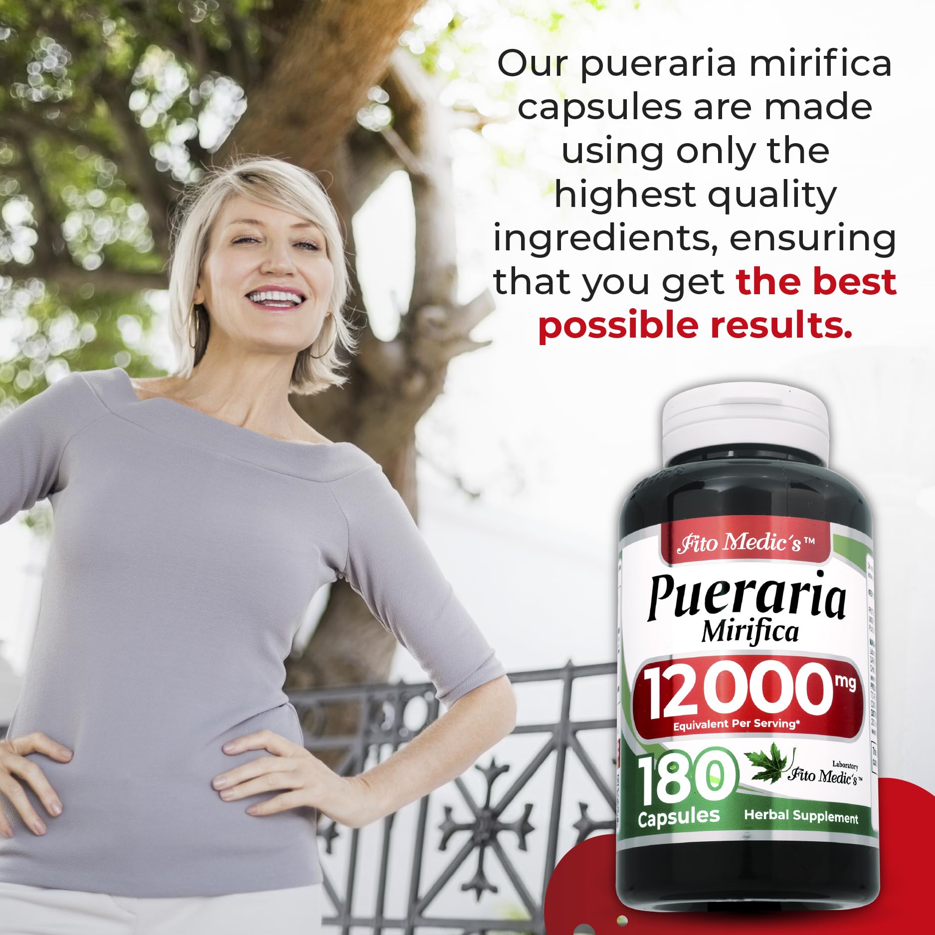 FITO MEDIC'S Lab Pueraria Mirifica capsules bottle close-up emphasizing label details.