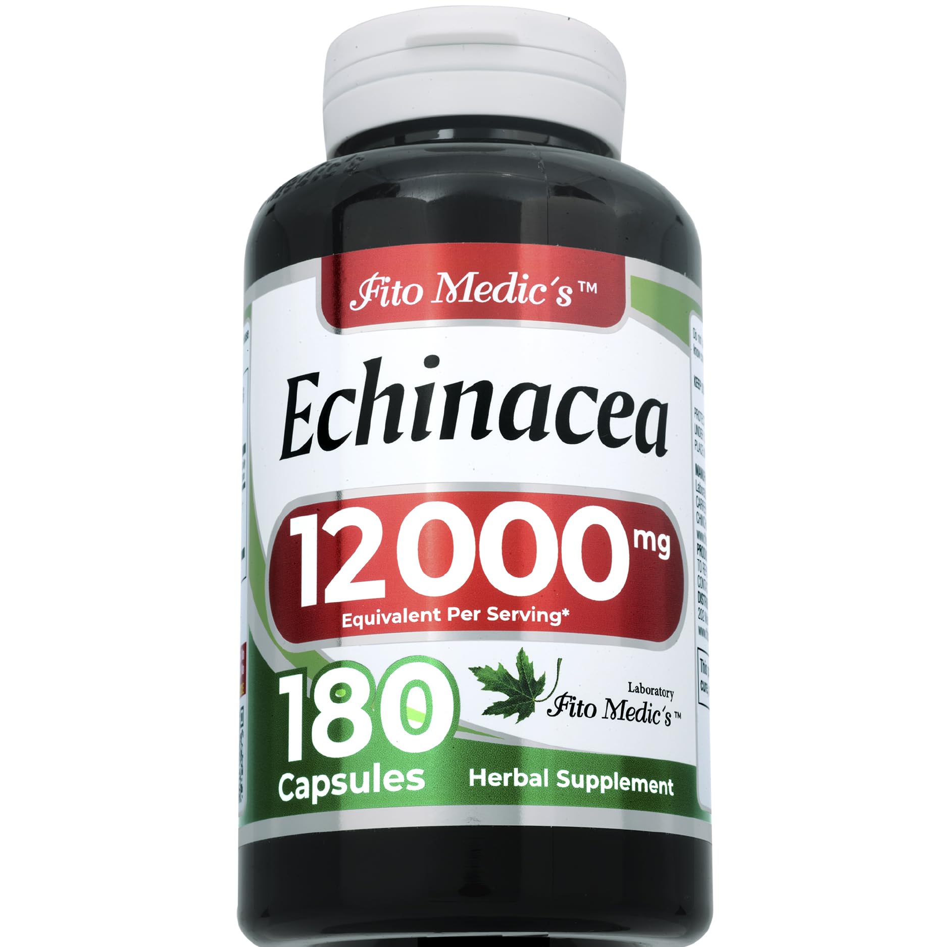 FITO MEDIC'S 180-count bottle with label emphasizes organic echinacea leaf.