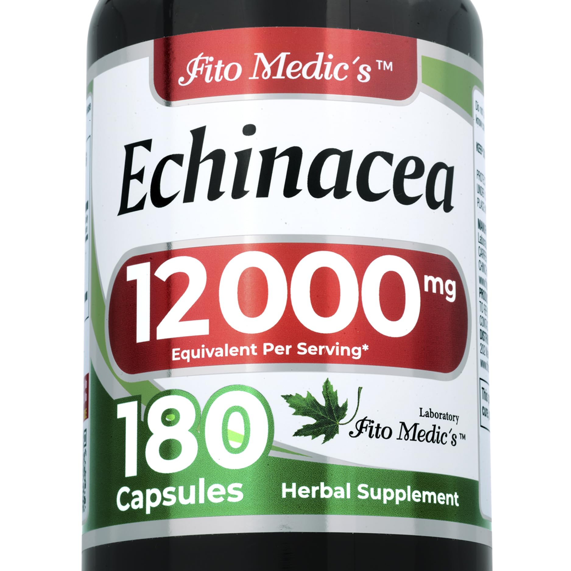 FITO MEDIC'S echinacea leaf bottle highlights 600 mg extract per serving for immune support.