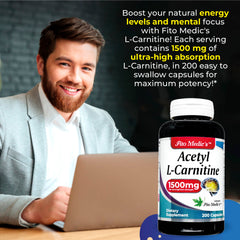 FITO MEDIC'S L-Carnitine 200 capsules packaging shown for convenient daily use and focus.