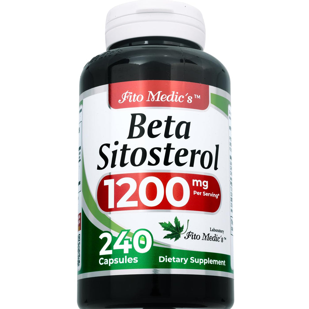 Close-up of FITO MEDIC'S beta sitosterol capsules highlighting capsule texture