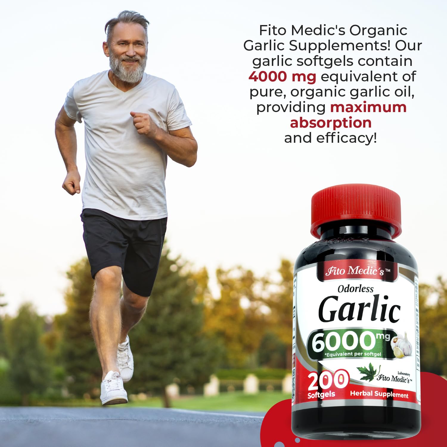 Non-GMO and gluten-free icons on FITO MEDIC'S garlic softgels.
