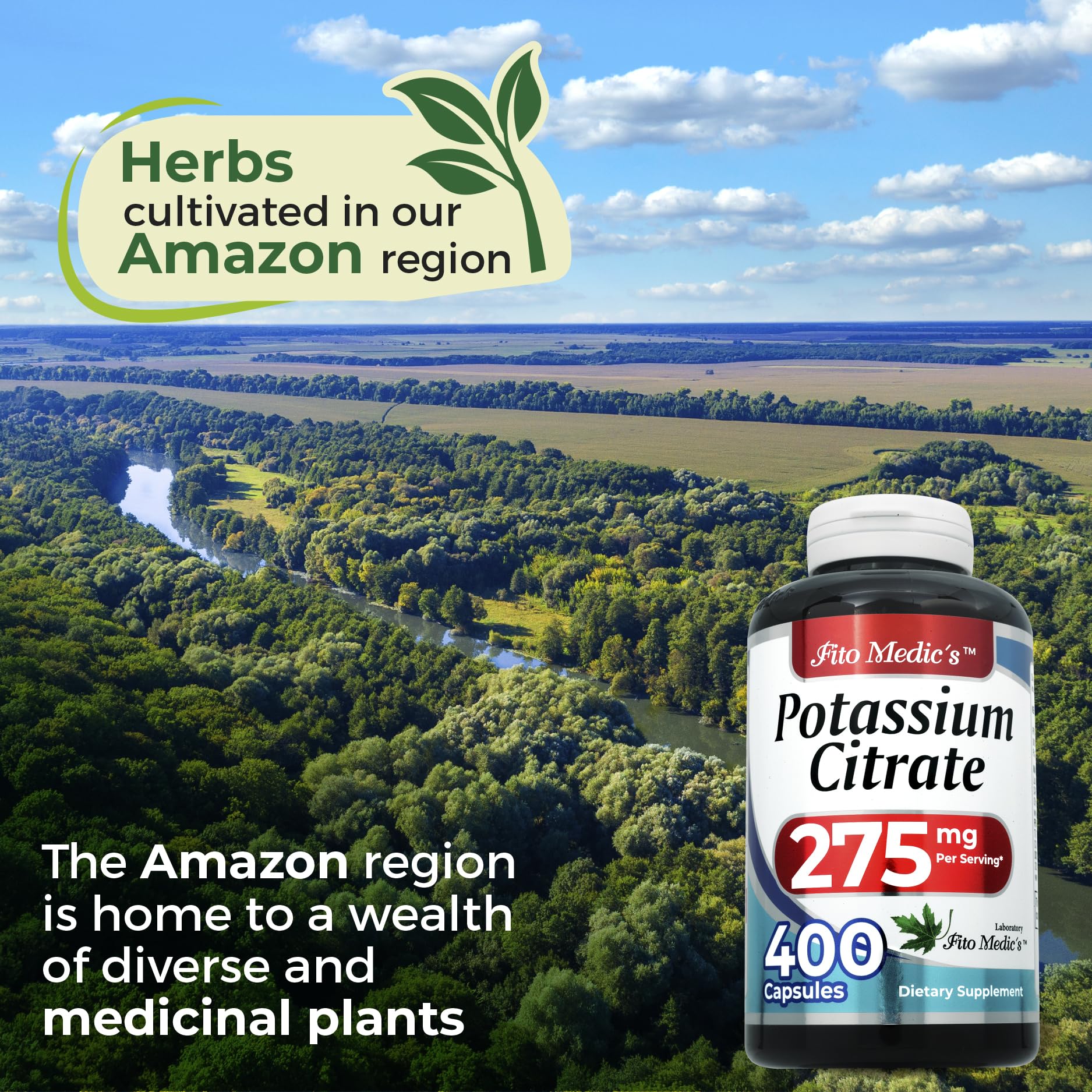 Lifestyle scene with FITO MEDIC'S Potassium Citrate bottles suggesting on-the-go use.