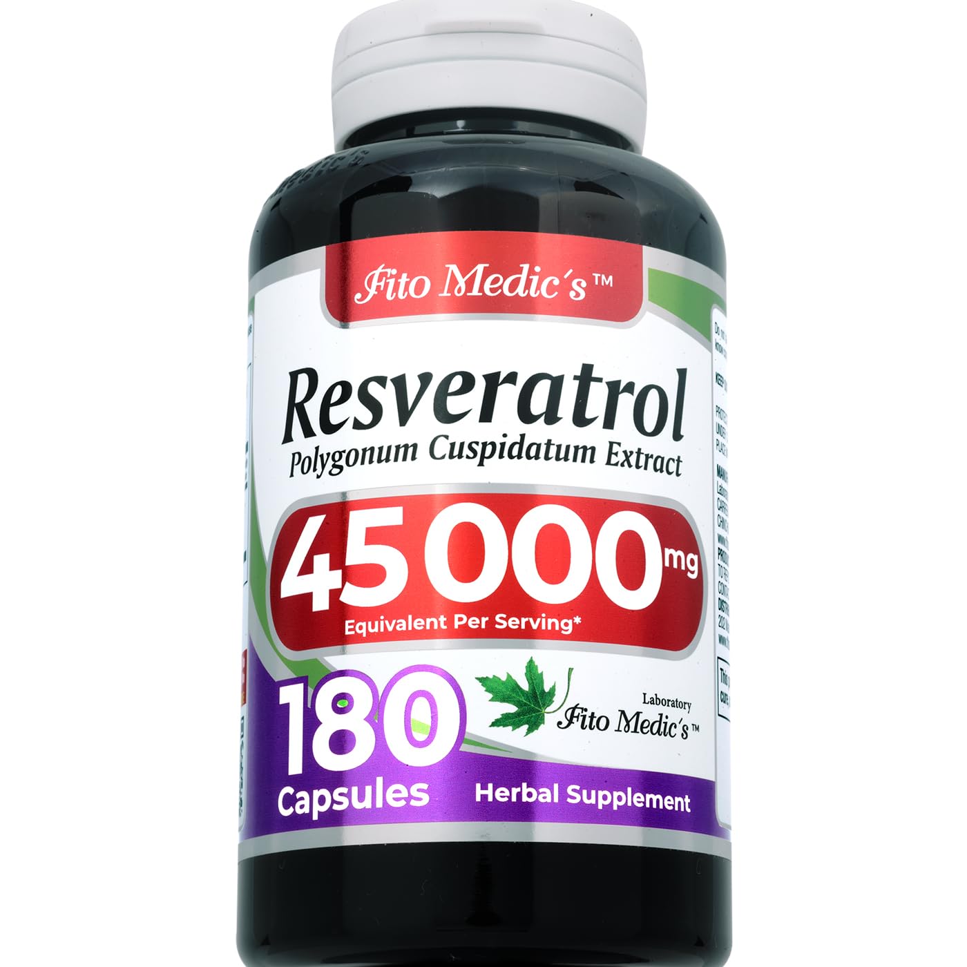 FITO MEDIC'S Resveratrol bottle label shows high-potency 100:1 extract.