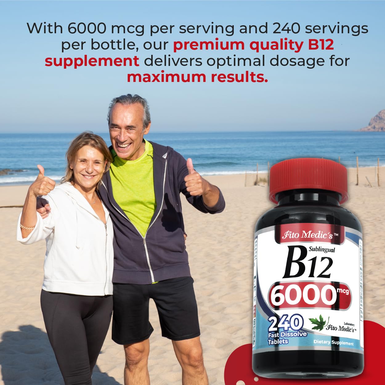 Fito Medic's Vitamin B12 Sublingual bottle back detailing dosage for easy tracking