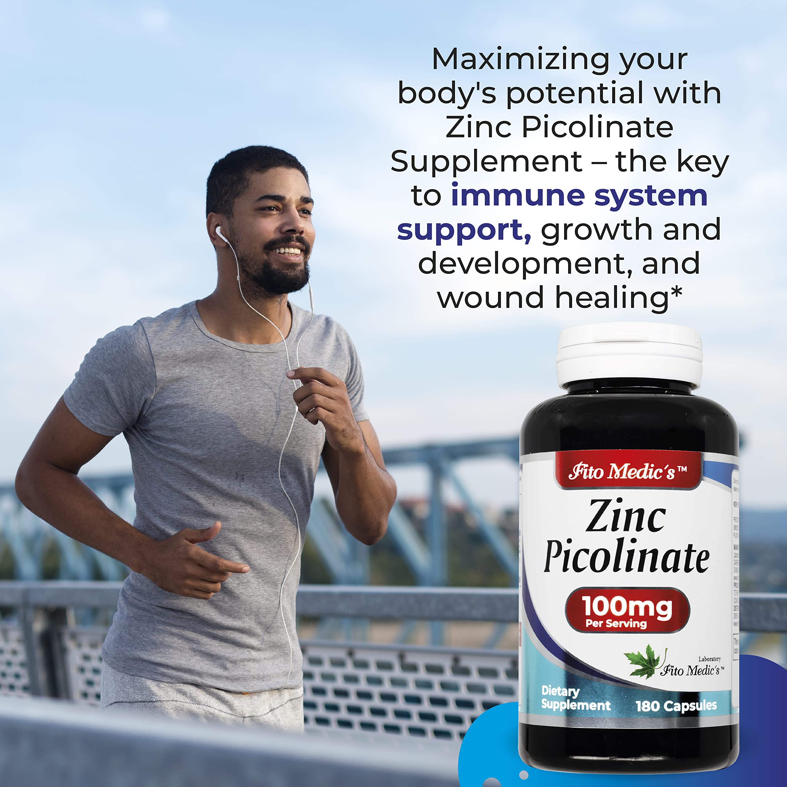 Front label view of FITO MEDIC'S Zinc Picolinate packaging for daily immune support.