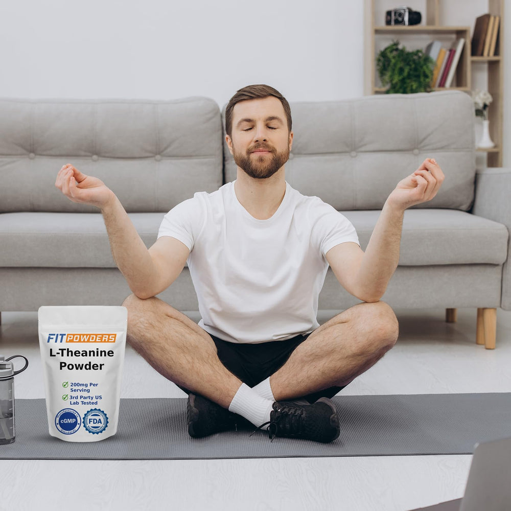 FitPowders L-Theanine powder label highlights non-GMO and gluten-free profile