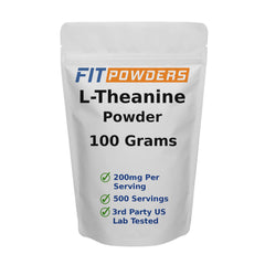 FitPowders L-Theanine powder in 100g container for daily calm and focus.
