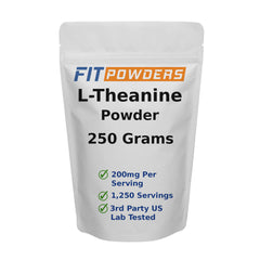 FitPowders L-Theanine powder 250g front packaging highlights vegan and gluten-free formula